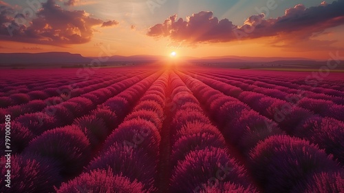 Blooming Beauty: Lavender Field in Full Bloom from Above, generative ai photo