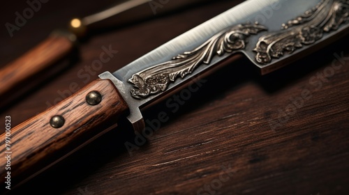 Close-up of an elegant pocketknife with wooden handle and detailed design photo