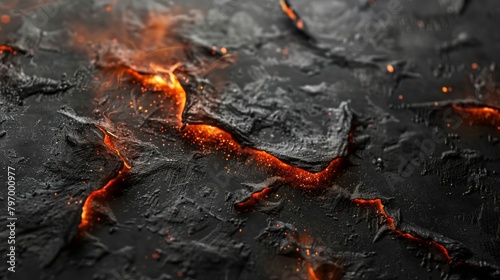 Fiery charcoal embers glowing in the darkness, close-up of intense heat