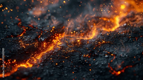 Fiery charcoal embers glowing in the darkness, close-up of intense heat