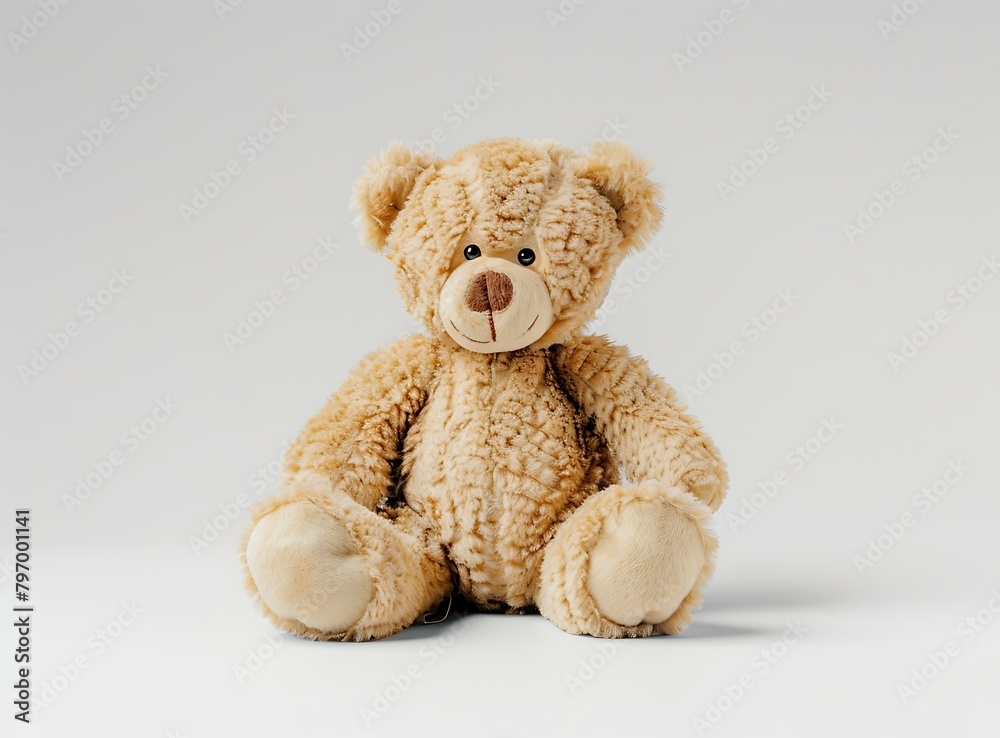 photo of adorable brown teddy bear toy sitting on white background high resolution photography