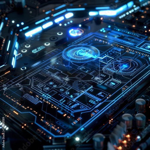 A new era of PCB design integrates glowing scifi interface elements, allowing engineers to monitor circuit efficiency in real time with a macro HUD display