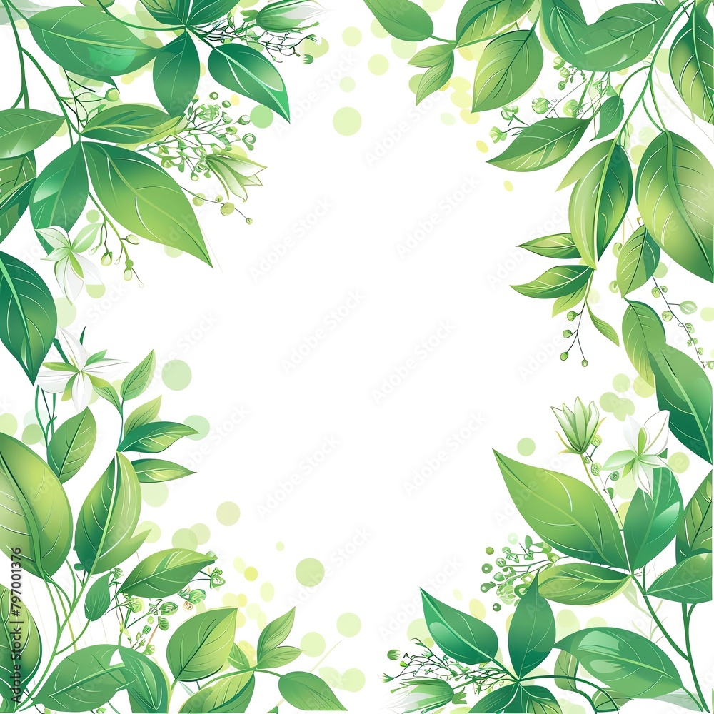 green leaves and flowers vector background with white space for text, vector illustration, white background, green leaves, green floral elements, vector art style, light green color palette, high reso