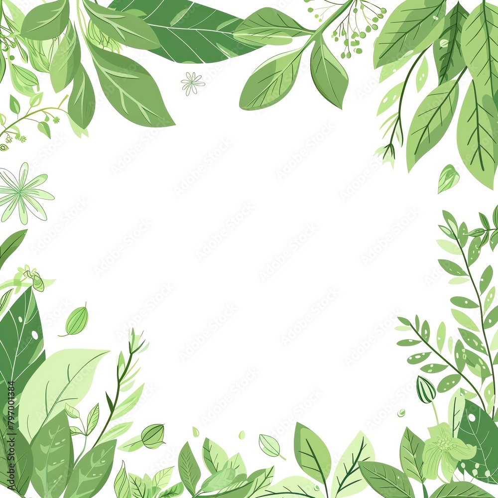 green leaves and flowers vector background with white space for text, vector illustration, white background, green leaves, green floral elements, vector art style, light green color palette, high reso