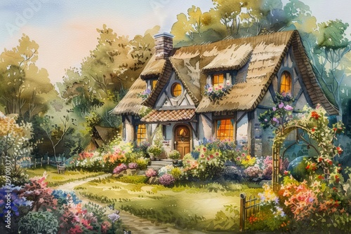 A quaint cottage with a thatched roof sits nestled among blooming gardens, its windows aglow with warmth, kawaii water color
