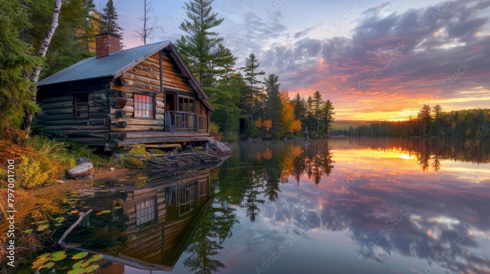 A rustic cabin by the lake reflects the sunset, its wooden sides blending with the natural surroundings, bright water color
