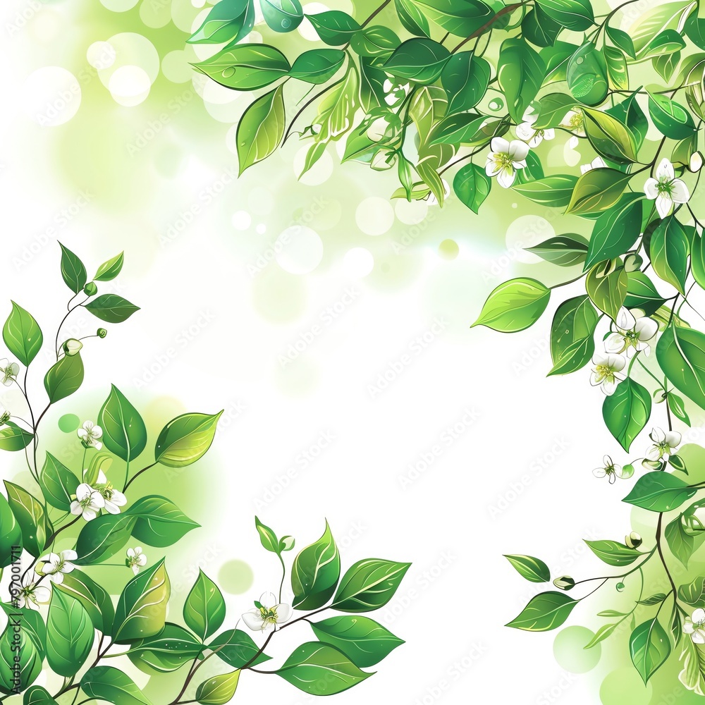 green leaves and flowers vector background with white space for text, vector illustration, white background, green leaves, green floral elements, vector art style, light green color palette, high reso