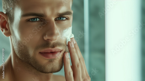 A young man looks in the mirror and applies shaving foam to his face. Facial skin care. photo