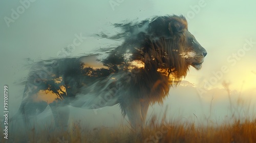 a world where the lion reigns supreme amidst the vast expanse of the African savanna  captured in mesmerizing double exposure photography