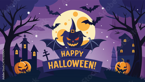 Embrace the spooky ambiance of Halloween night as bats soar into a party among pumpkins, with the full moon casting its ghostly glow. Halloween banner illustration.

