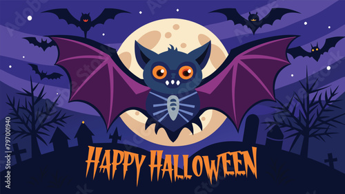 Join us for a hauntingly fun Halloween night where bats are invited to a party amidst pumpkins, with the full moon adding an eerie touch. Halloween banner illustration.
