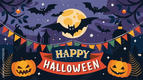Enter the enchanting Halloween night where bats dance among pumpkins at a lively party, with the full moon shining in the background. Halloween banner illustration.
