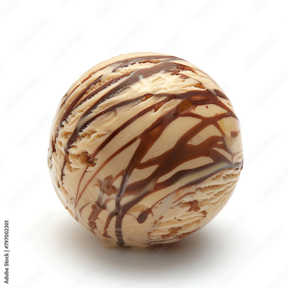 Single Scoop of Cream Caramel Stripes Ice Cream Against White Background