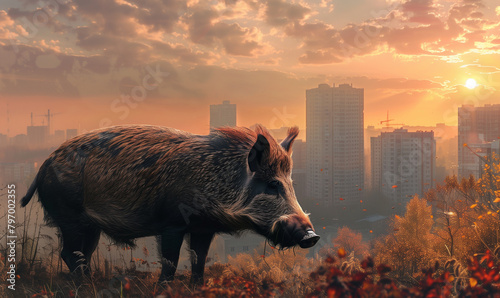 The image of a wild boar in the city center represents the process by which nature returns to urban areas, restoring ecological balance. © Sawyer0