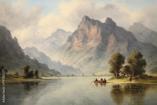 Lake painting landscape mountain.