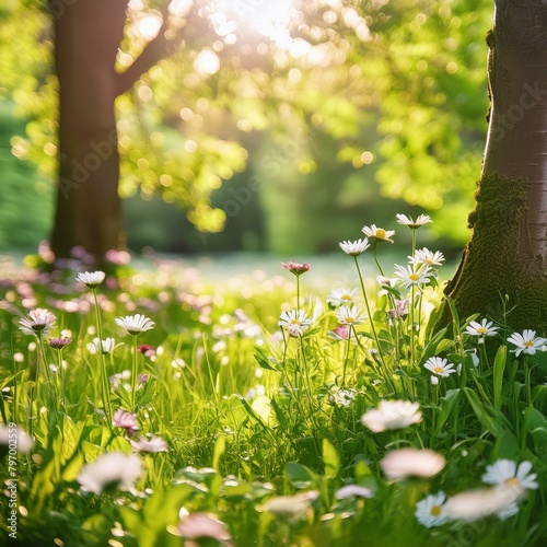 A serene spring landscape unfolds, adorned with vibrant meadow flowers and daisies nestled among the lush green grasses
