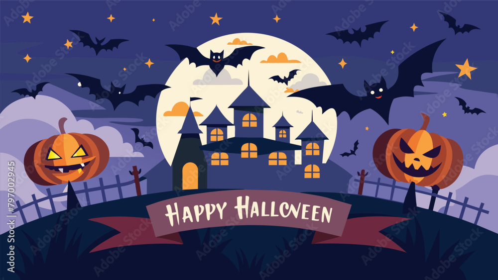 Welcome to the Halloween night extravaganza! Bats are invited to a party amidst pumpkins, with the full moon in the background. Halloween banner illustration.
