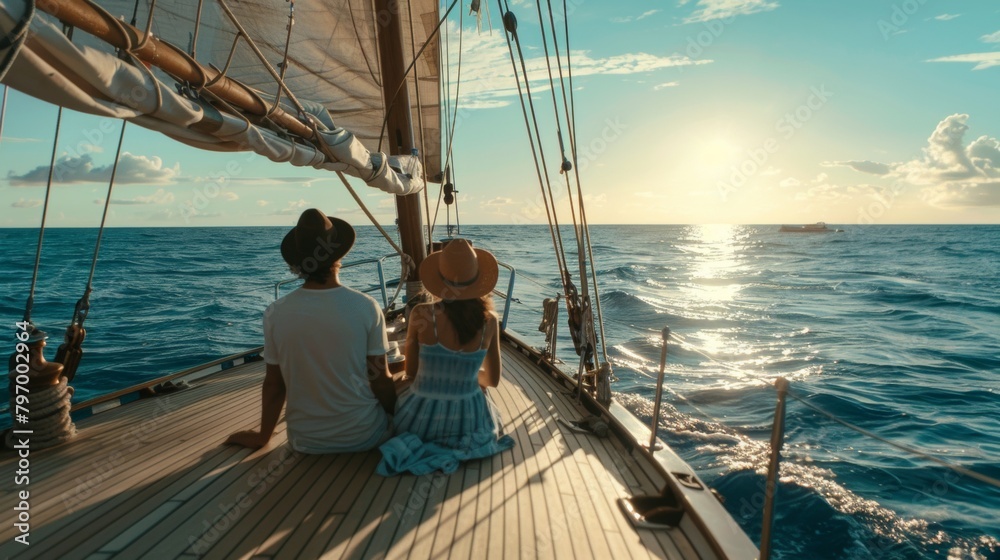 A lovely couple on deck of yacht in sea.