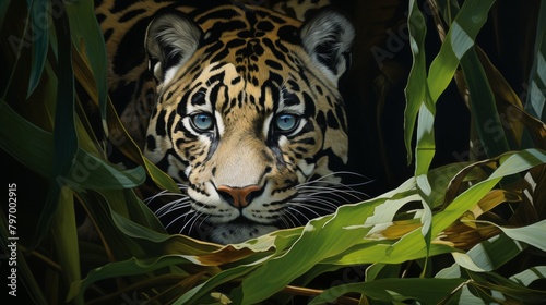 Intriguing clouded leopard lurking in a dark  leafy jungle setting