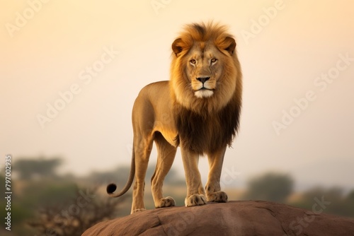 Majestic lion standing on a rock at sunset in the savannah.