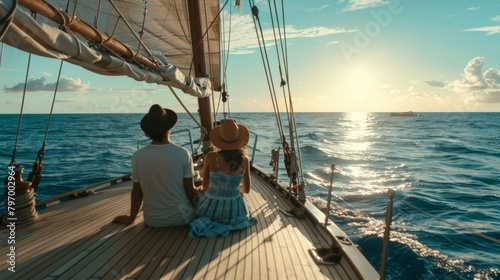 A lovely couple on deck of yacht in sea.