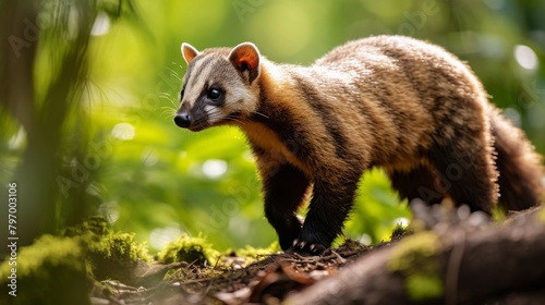 Close-up of a coati exploring the lush jungle undergrowth in natural sunlight photo