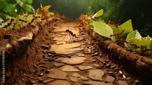 Intricate display of leafcutter ants at work in a vibrant, moss-rich natural setting photo