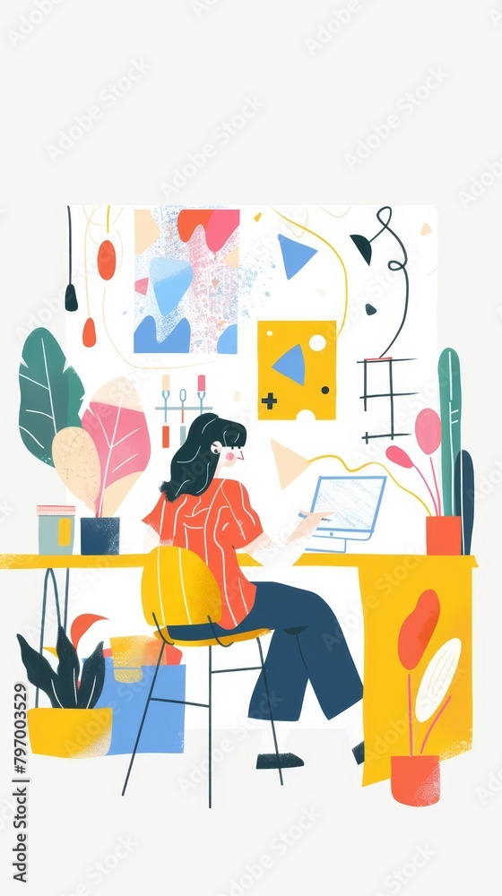 In a small office, a startups first logo is born, colorful and bold, reflecting the founders optimism, draw concept