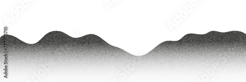 Grayscale vector halftone dots background with a fading dot effect, resembling a abstract mountain landscape. Black noise dots, a sand grain effect, and grunge banner for an abstract, textured pattern