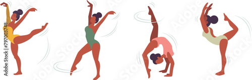 4 girls practicing gymnastic mouvements. Atletic woman. Olympic games. Vector illustration. Separated items on a transparent background background.