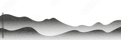 Grayscale vector halftone dots background with a fading dot effect, resembling a abstract mountain landscape. Black noise dots, a sand grain effect, and grunge banner for an abstract, textured pattern