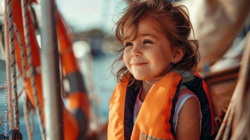 Portrait of a little girl with lifejacket on deck of a yacht in sea. Portrait of a little girl with lifejacket on deck of a yacht in sea.