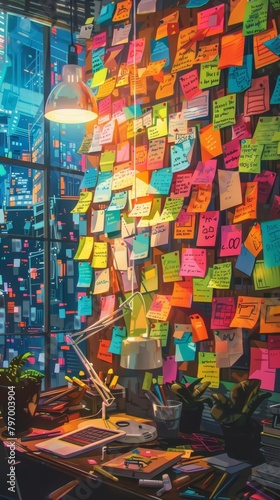 Inside a visionary entrepreneur s home office, detailed illustrations depict a wall covered in creative, colorful sticky notes, each one a step in her plan to disrupt the industry