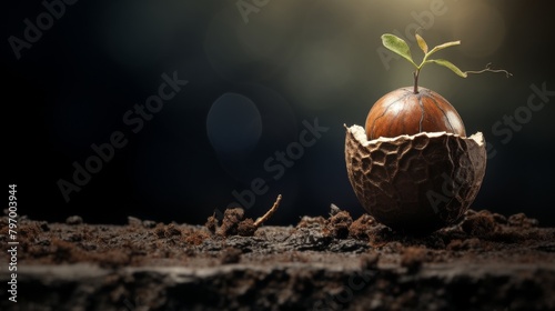 New beginnings: A fresh sprout emerges from a cracked acorn against a dry, cracked soil backdrop photo