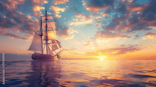 Sailing ship in sea water at sunset. © rabbit75_fot
