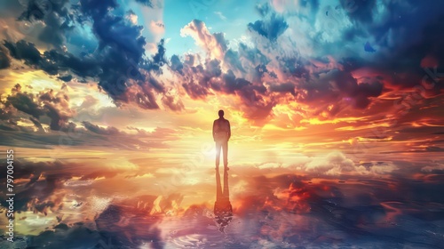 Silhouette of alone person looking at heaven. Lonely man standing in fantasy landscape with shining cloudy sky. Meditation and spiritual life