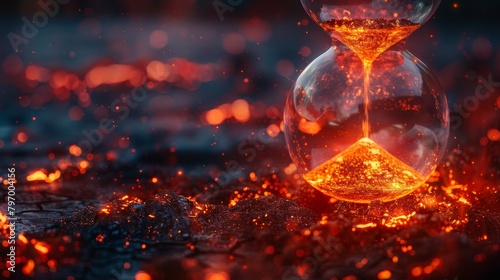 Surreal broken hourglass with glowing embers and mystical smoke on a dark forest floor