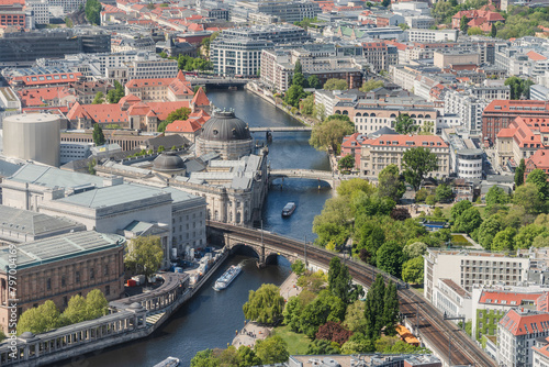 Photography aerial cityscape view of Berlin, showing museum island, river spree and buildings of the german capital