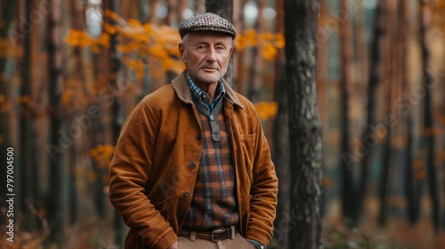 Senior Man in Colorful Sweater Enjoying Autumn Forest Ambience, Eclectic Grandpa' Aesthetic. photo