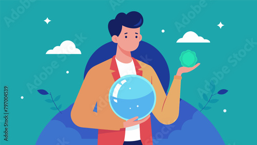 A freelancer holding a crystal ball representing the uncertainty of their income and the need for financial planning to foresee and prepare for