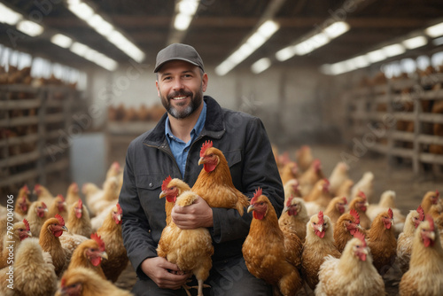 A worker in overalls at a chicken farm.A modern farm for growing chickens.