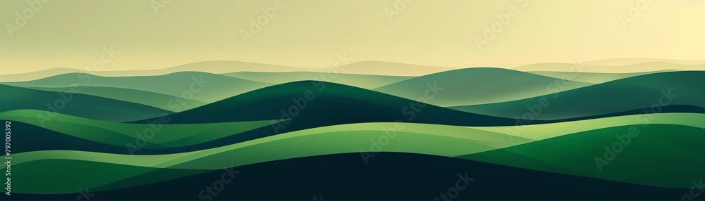 Minimalist wallpaper, green gradient hills, smooth curves, light background, flat design, minimalistic, simple shapes, digital art style in the style of high resolution, high contrast, bright and vibr