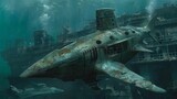 Underwater, a submarine shaped like a shark glides past sunken treasures, its fins articulated with hydraulic precision, draw concept