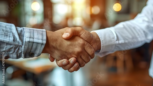 Two men shaking hands in bright office signifying successful agreement or introduction. Concept Business, Handshake, Office, Agreement, Success