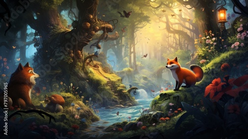 Enchanting woodland scene with cunning fox and lush vibrant foliage photo