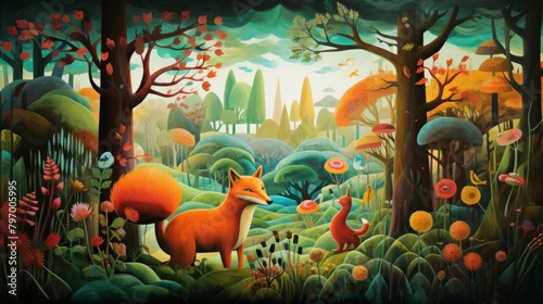 Enchanting woodland scene with cunning fox and lush vibrant foliage