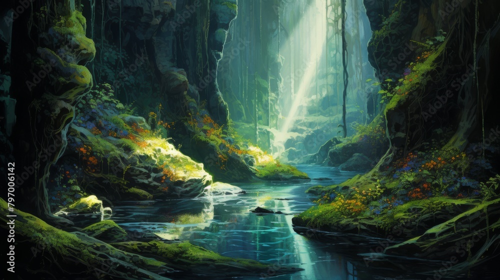 Mystical cavern scene with sunlight filtering through lush greenery and tranquil water