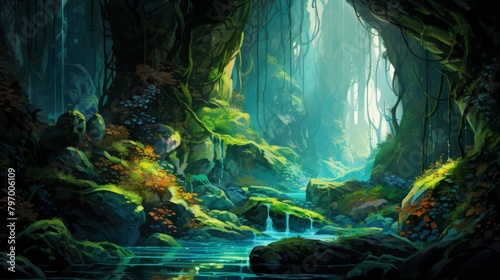 Mystical cavern scene with sunlight filtering through lush greenery and tranquil water