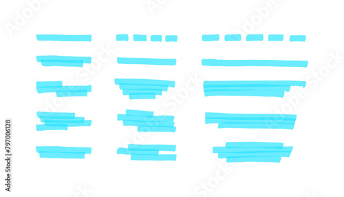 Blue highlight lines transparent set on white background. Marker hand drawn underline strokes.