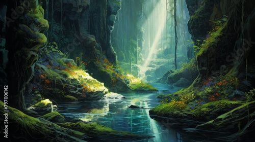Mystical cavern scene with sunlight filtering through lush greenery and tranquil water © Yusif